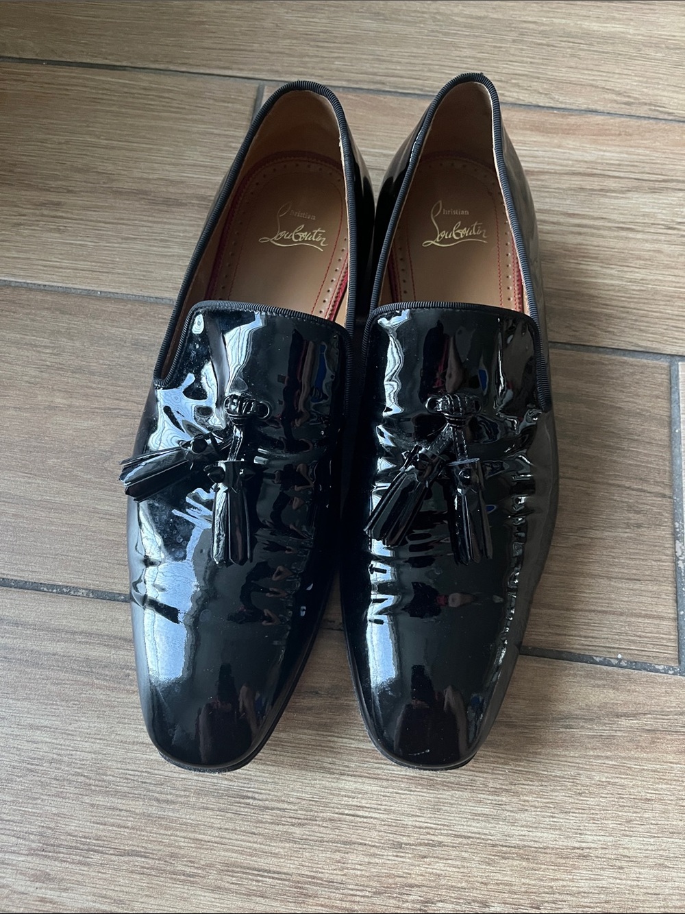 Christian Louboutin Black Patent Leather Tassel Slip-Ons